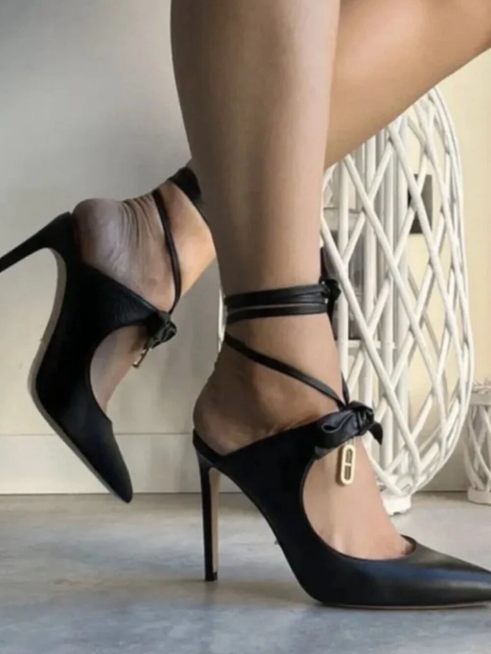 Pointed Tie-Ankle Pumps in Dark Green